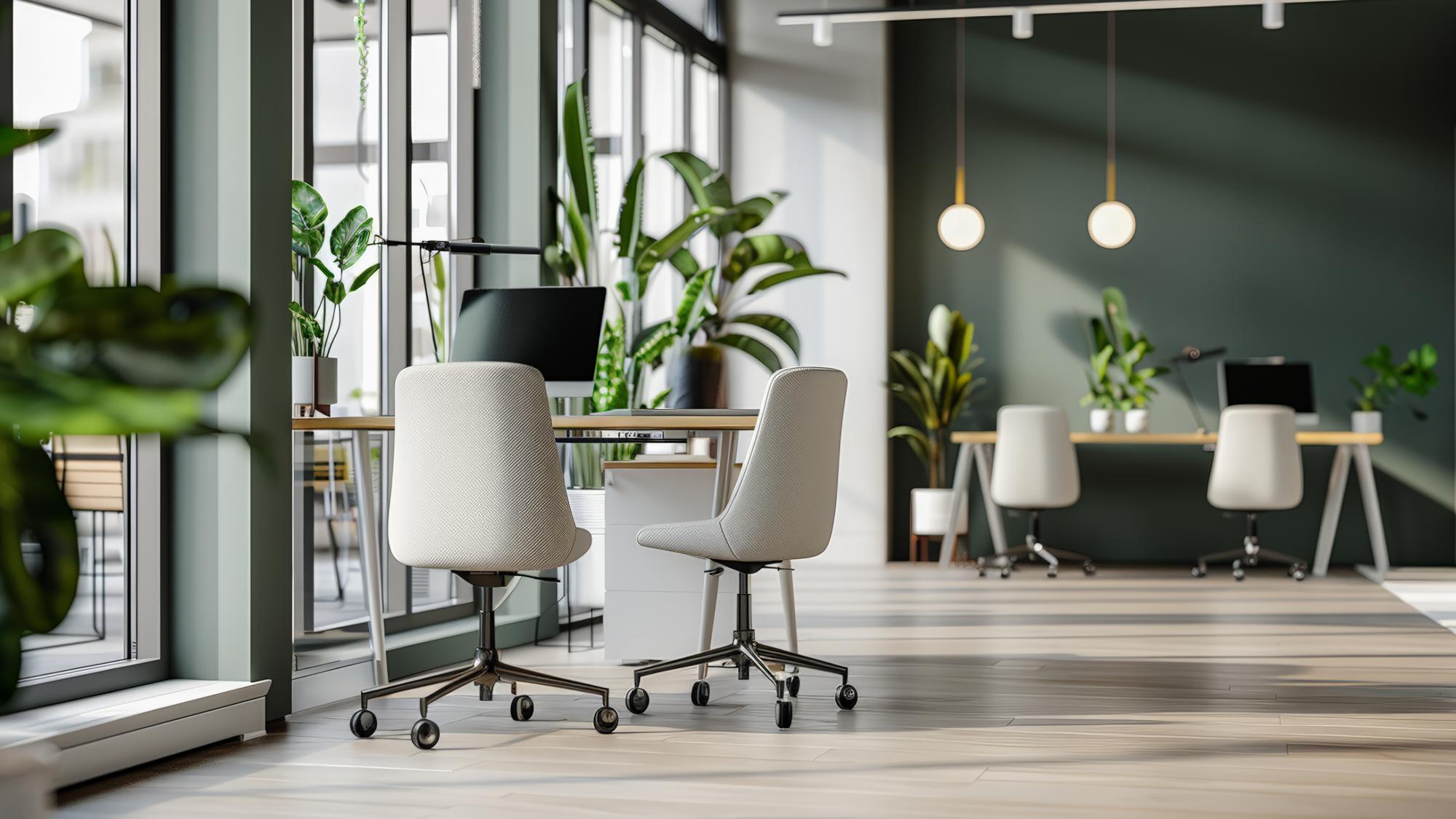 A modern office space featuring light-colored wood flooring, large windows with natural light, and several potted plants. There are two workstations with simple desks and ergonomic chairs, one with a computer. The walls are painted a muted green, and pendant lights are hanging from the ceiling.